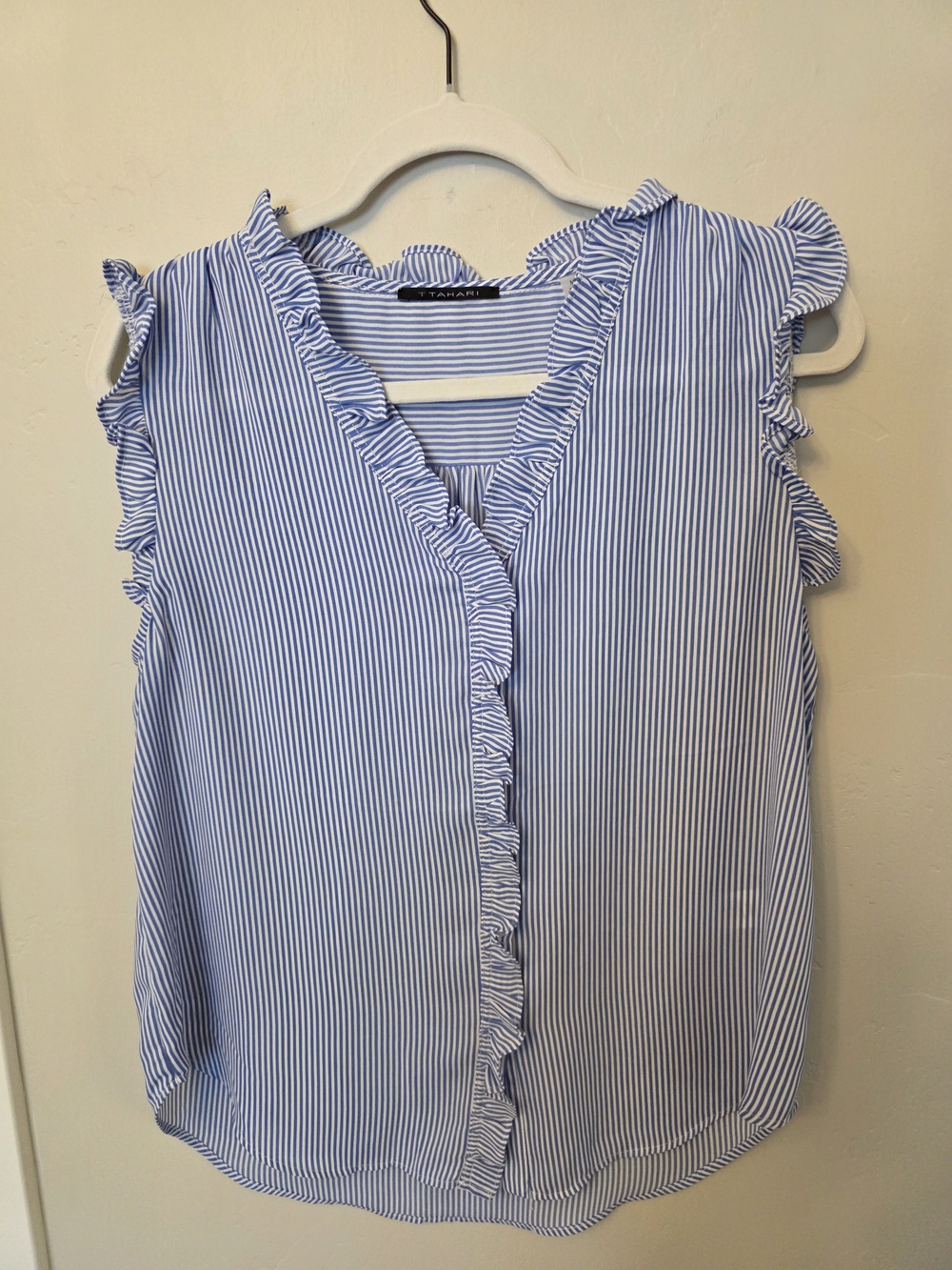 Tahari Blue & White Vertical Stripe Ruffle V-Neck Sleeveless Blouse